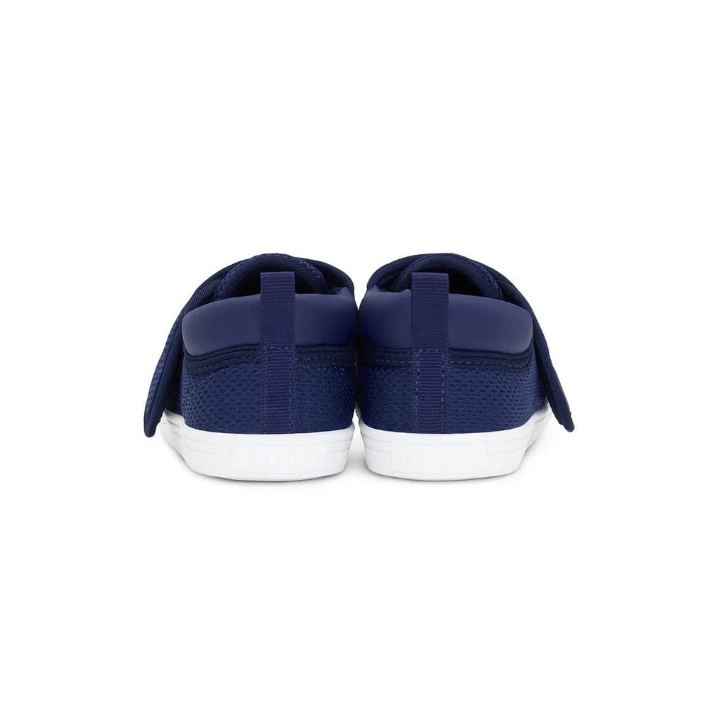 Stonz Cruiser Original Toddler Shoes Navy-pair of navy sneakers with mesh uppers, white soles, back view with pull tabs.