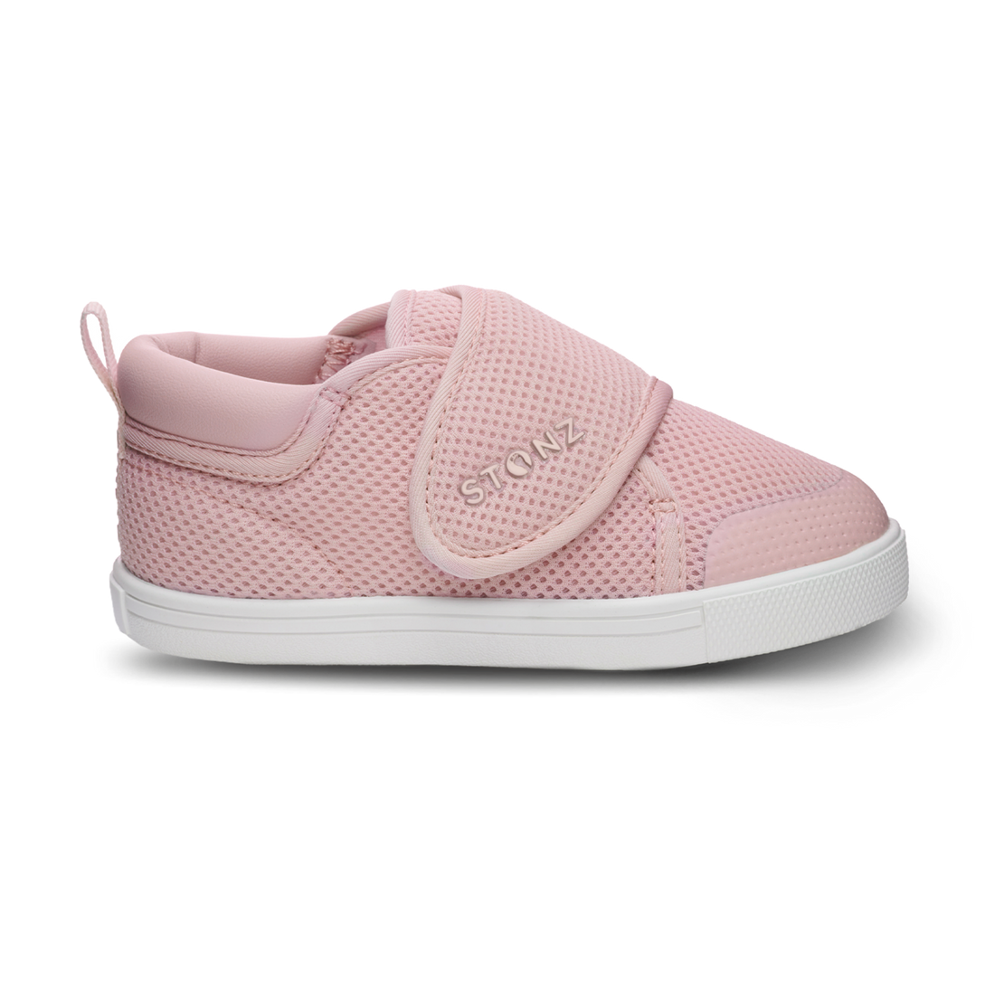 Stonz Cruiser Original Toddler Shoes Pink side profile with breathable mesh and flexible white rubber sole