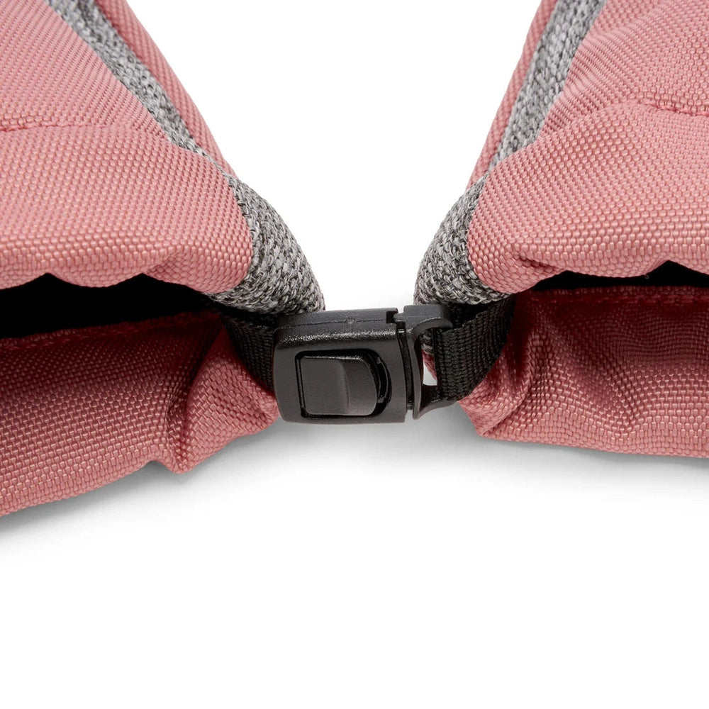 Stonz Kids Mitts Dusty Rose + Heather Grey with a secure clip linking the cuffs to keep mitts together.