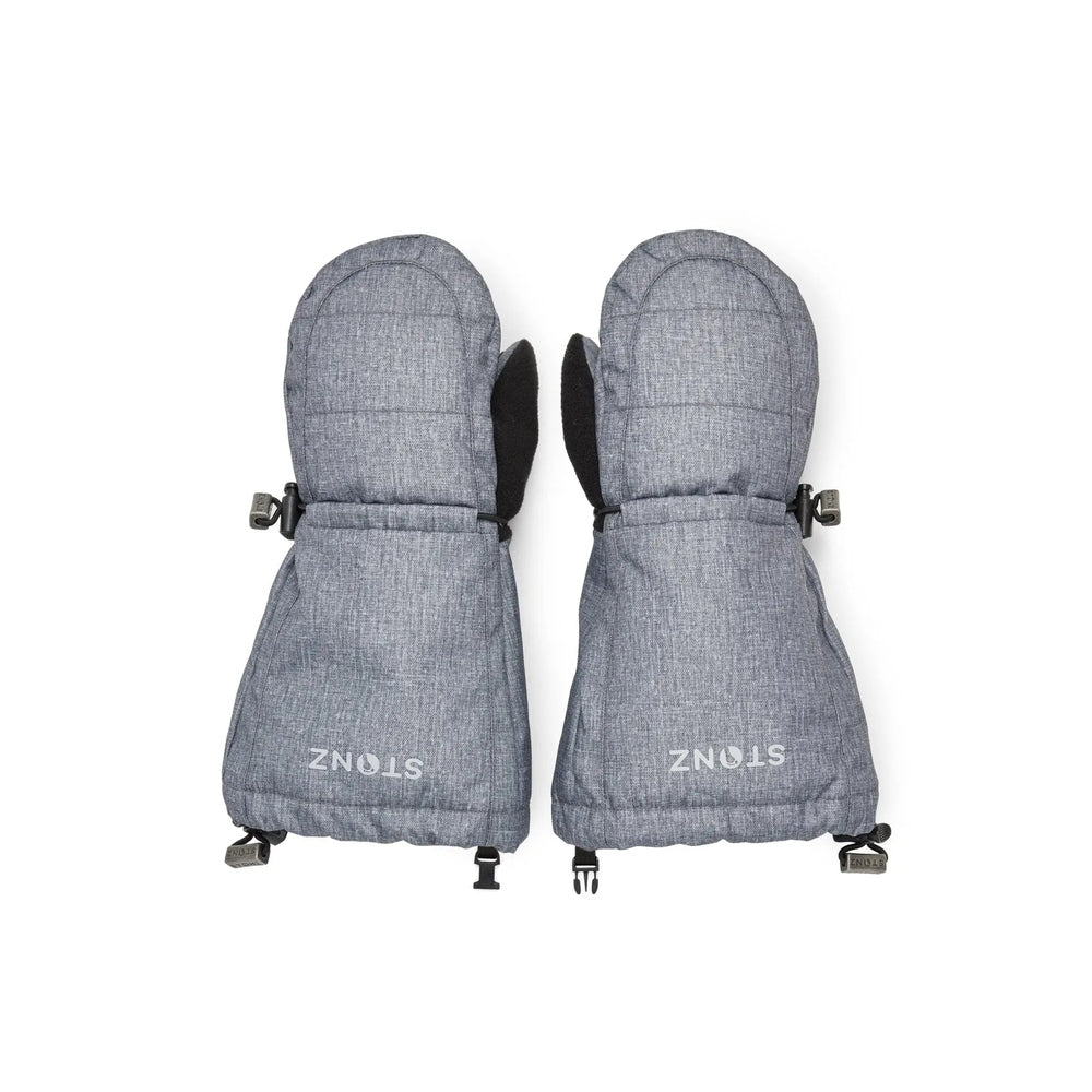 Stonz Kids Mitts Heather Grey, insulated toddler mittens with adjustable cuffs shown ready for cold weather.