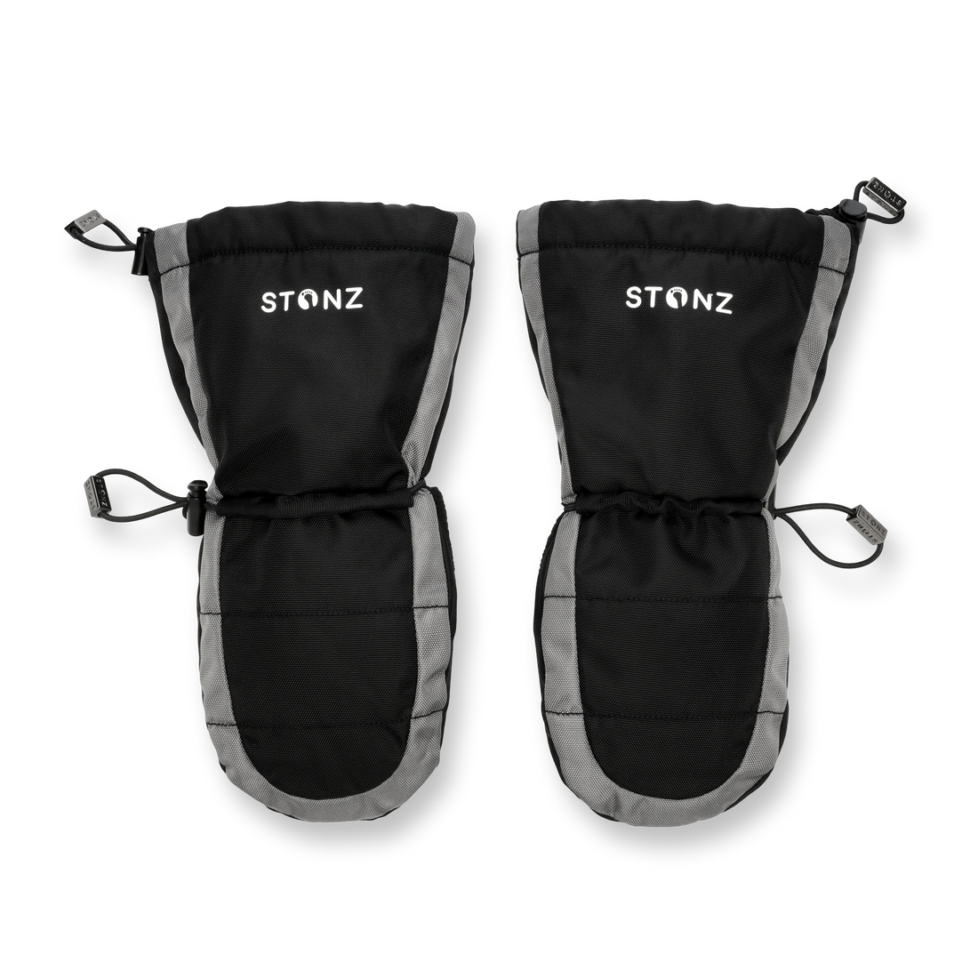 Stonz Black/Grey Snow Mitts for toddlers and kids, showing the pair with long cuffs and adjustable toggles.