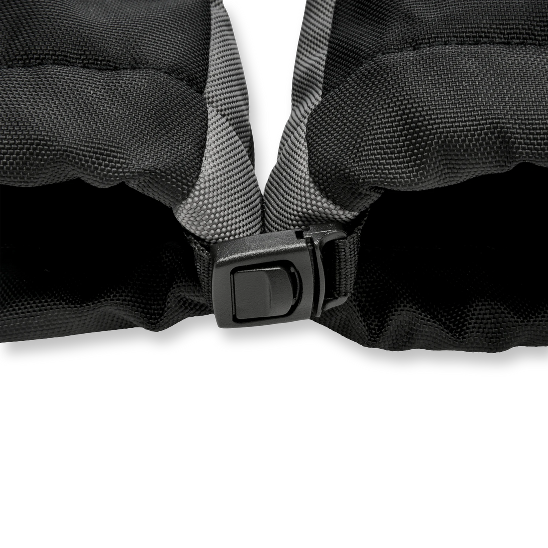 Close-up of the keep-together clip on Stonz Black/Grey Snow Mitts.