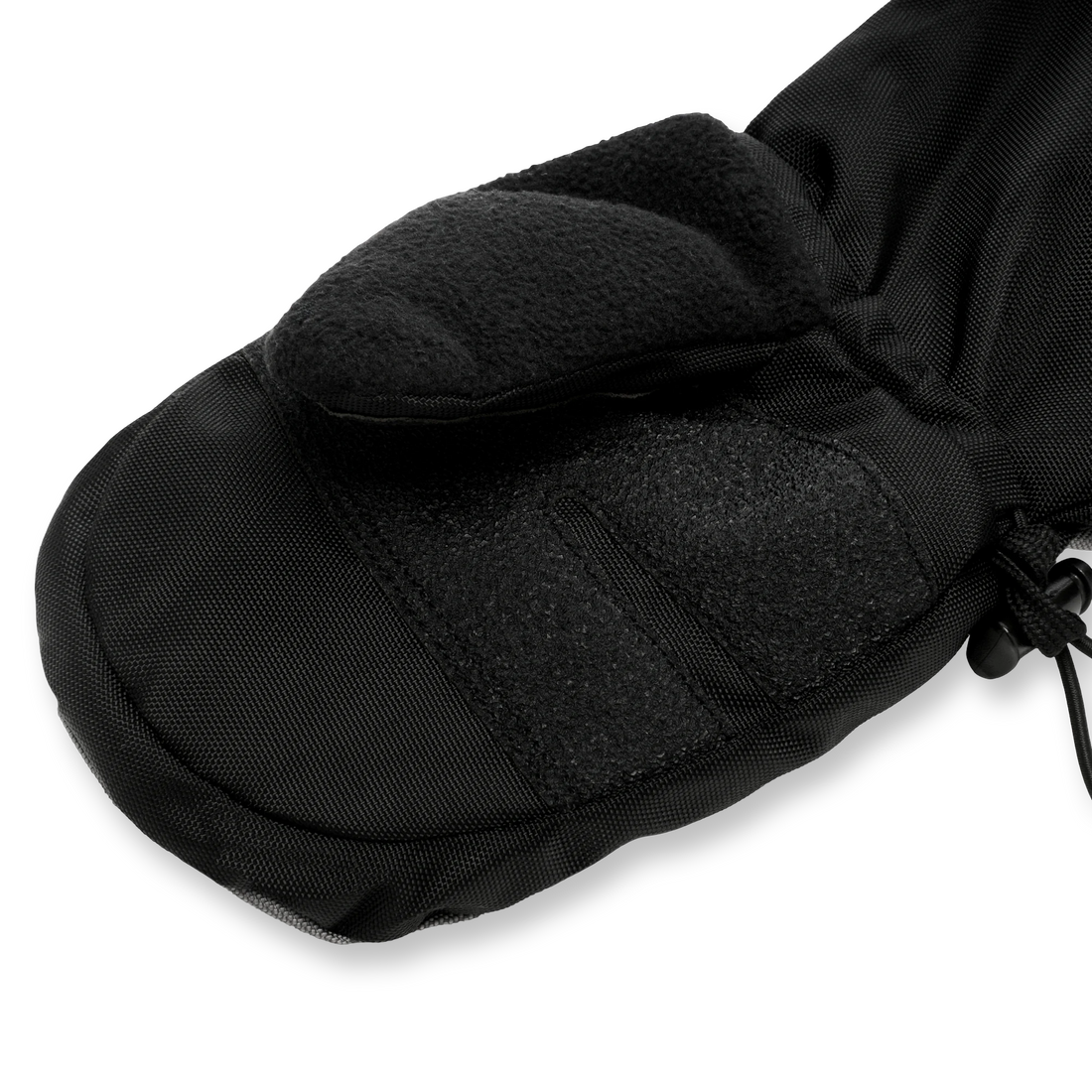 Close-up of the reinforced palm and thumb on a Stonz Black/Grey Snow Mitt.