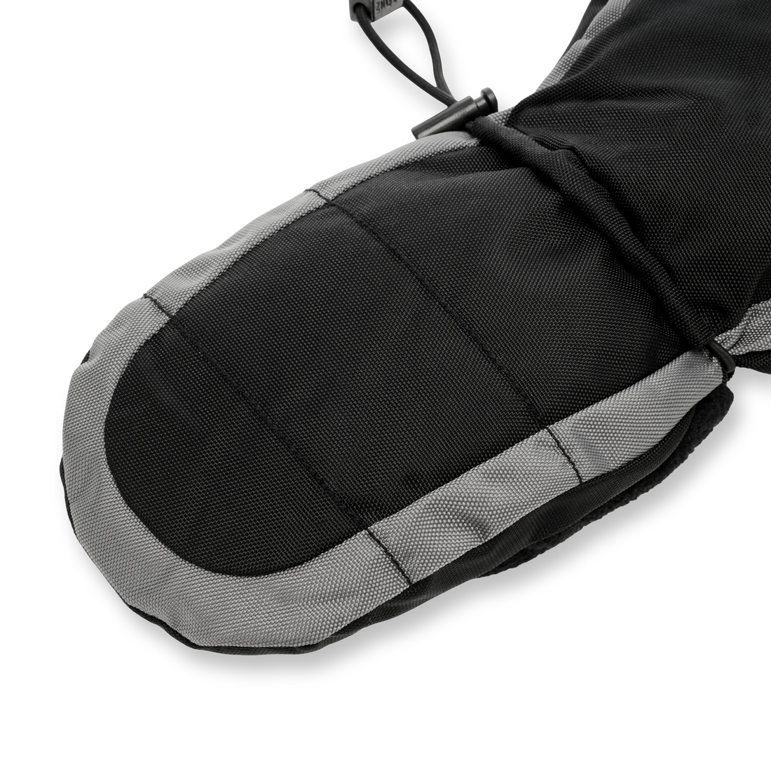 Close-up of the grey trim and black outer shell on a Stonz Black/Grey Snow Mitt.