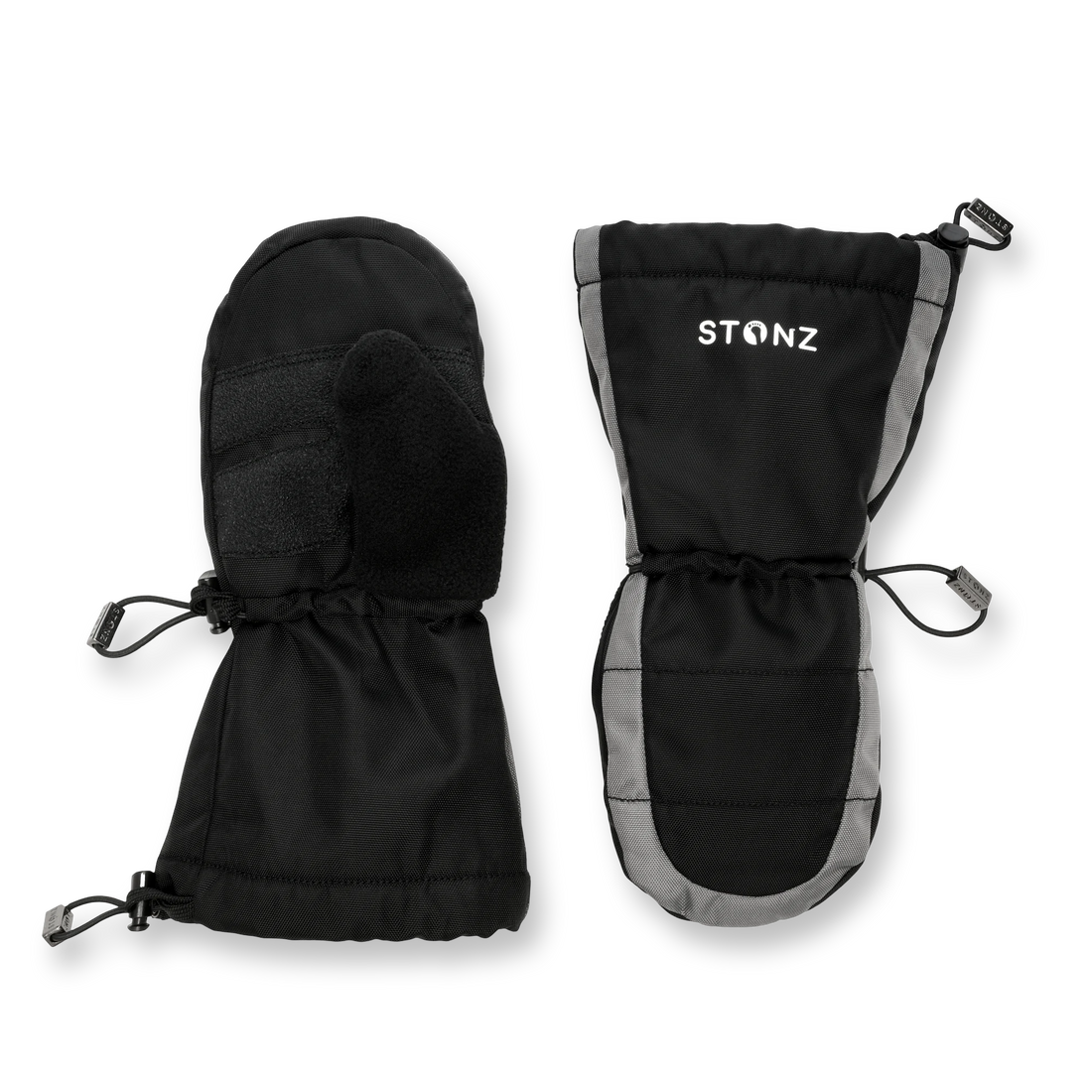 Stonz Black/Grey Snow Mitts shown together from the outer-shell and palm sides.