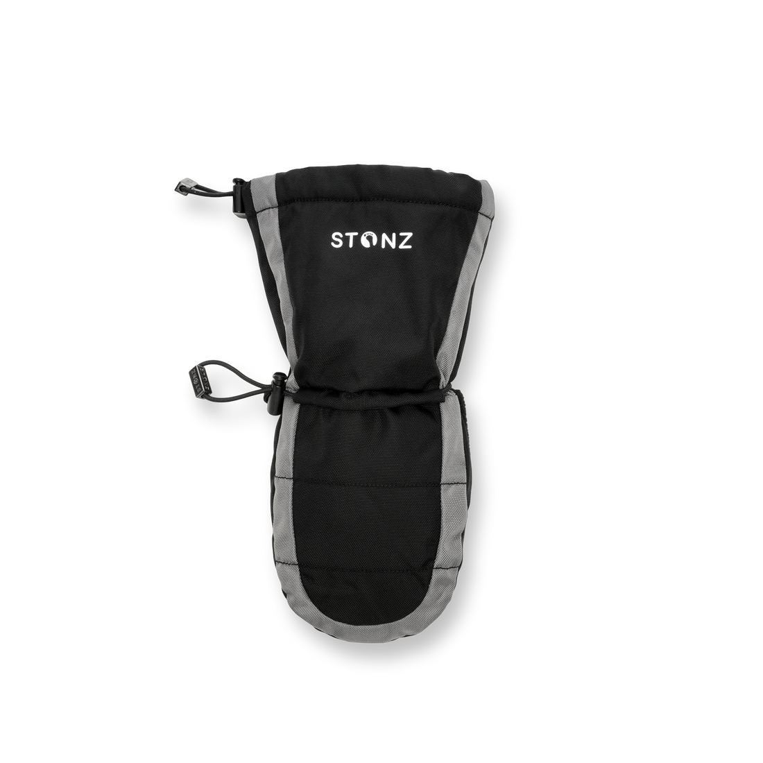 Outer-shell view of a single Stonz Black/Grey Snow Mitt with the Stonz logo and adjustable toggles.
