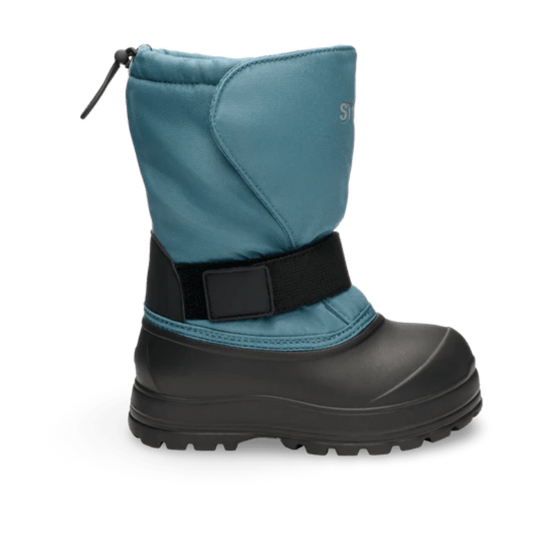 Stonz Trek Kid Snow Boots Denim blue upper with black rugged sole and adjustable strap buckled for secure fit