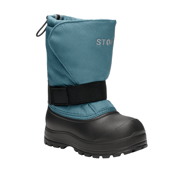 Stonz Trek Kid Snow Boots Denim in teal with a black sole and adjustable strap for winter adventures.