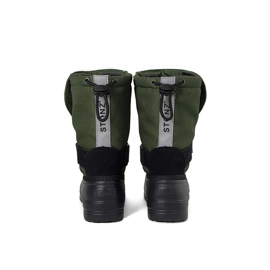 Stonz Trek Kid Snow Boots Cypress pair shown from the back in olive-green with black soles and grey pull-tab highlights.
