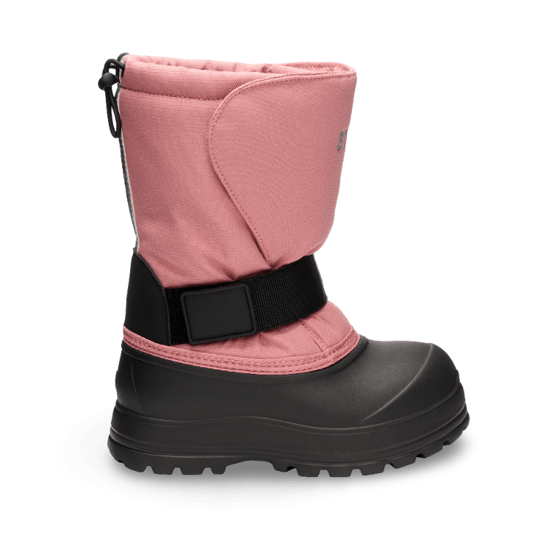 Stonz Trek Kid Snow Boots Dusty Rose; pink boot with black adjustable strap secured around the ankle for winter warmth