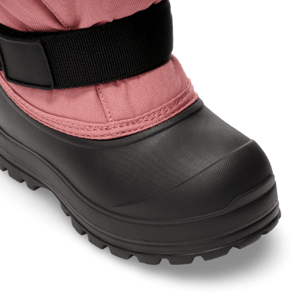 STONZ Trek Kid Snow Boots Dusty Rose with black rubber toe and chunky tread, strap secured.