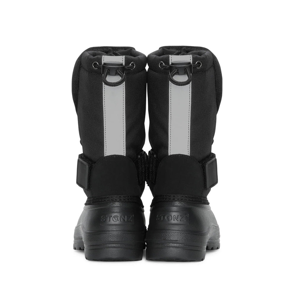 Stonz Trek Kids Snow Boots Black with gray vertical stripe; back view shows thick sole.