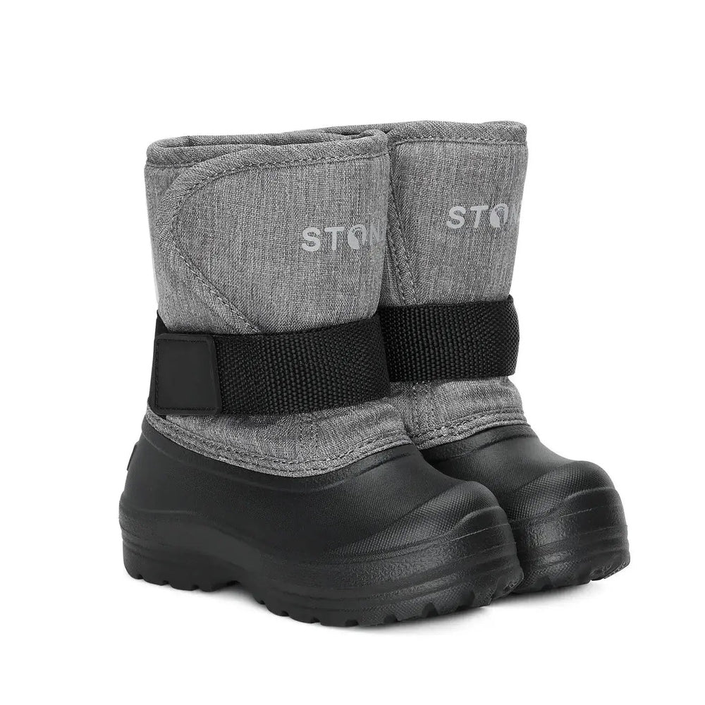 Stonz Trek Toddler Snow Boost Heather Grey boots with black strap and chunky tread