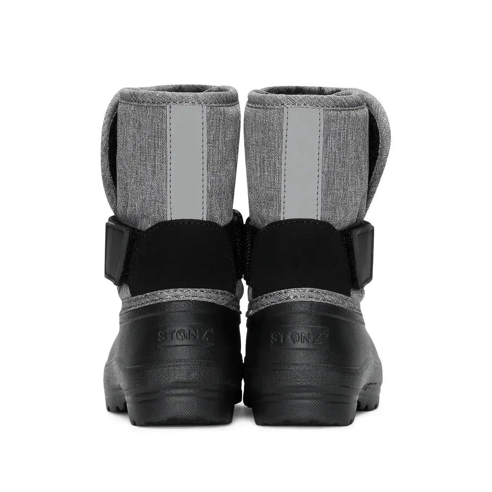STONZ Trek Toddler Snow Boots Heather Grey; rear view shows grey fabric uppers, reflective strips, and chunky black soles.
