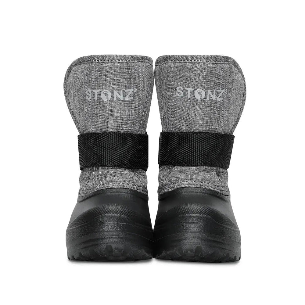 Stonz Trek Toddler Snow Boots Heather Grey with black strap, showing rugged traction outsole for grip.