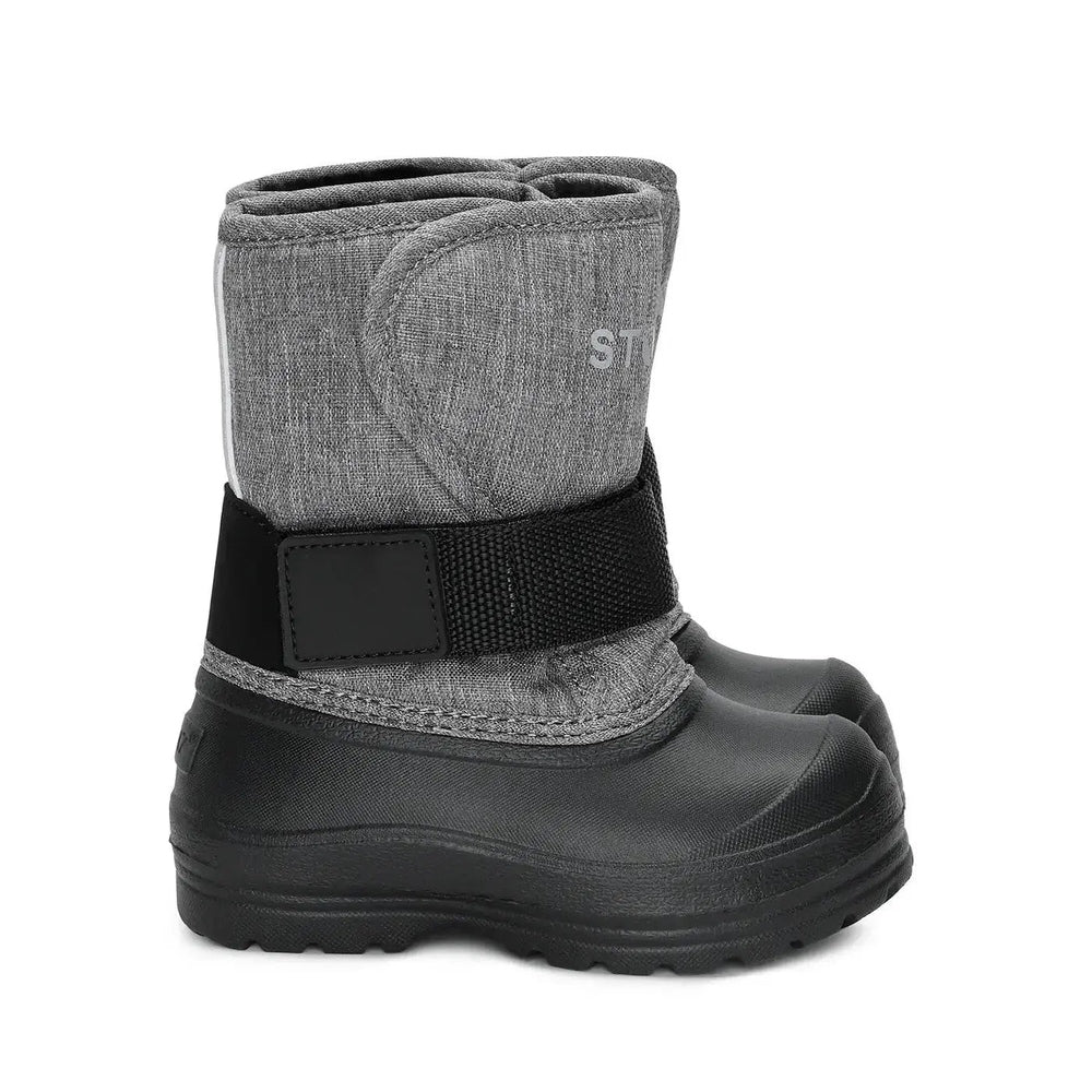 Stonz Trek Toddler Snow Boot in heather grey with black sole; adjustable strap secures a snug fit.