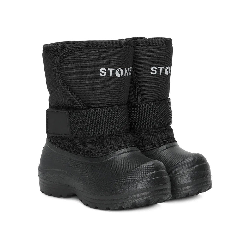 Stonz Trek Toddler Snow Boots Black pair with adjustable strap and rugged tread soles.