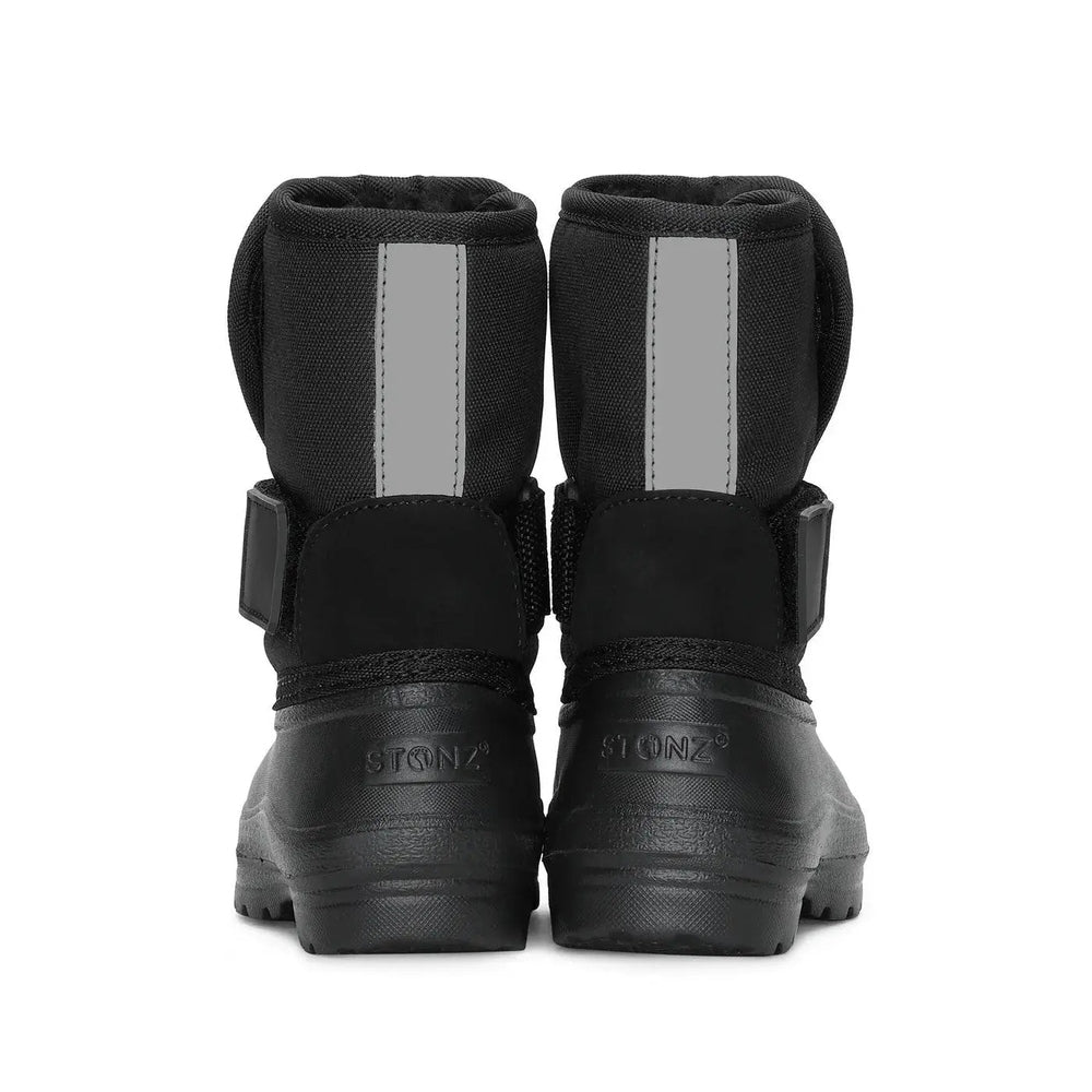 Stonz Trek Toddler Snow Boots Black, two boots with gray reflective panels and chunky tread.