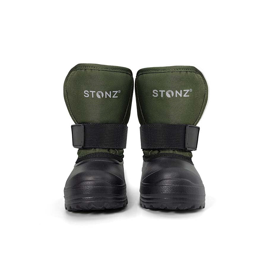 Stonz Trek Toddler Snow Boots Cypress, olive-green uppers with black soles and Velcro straps.