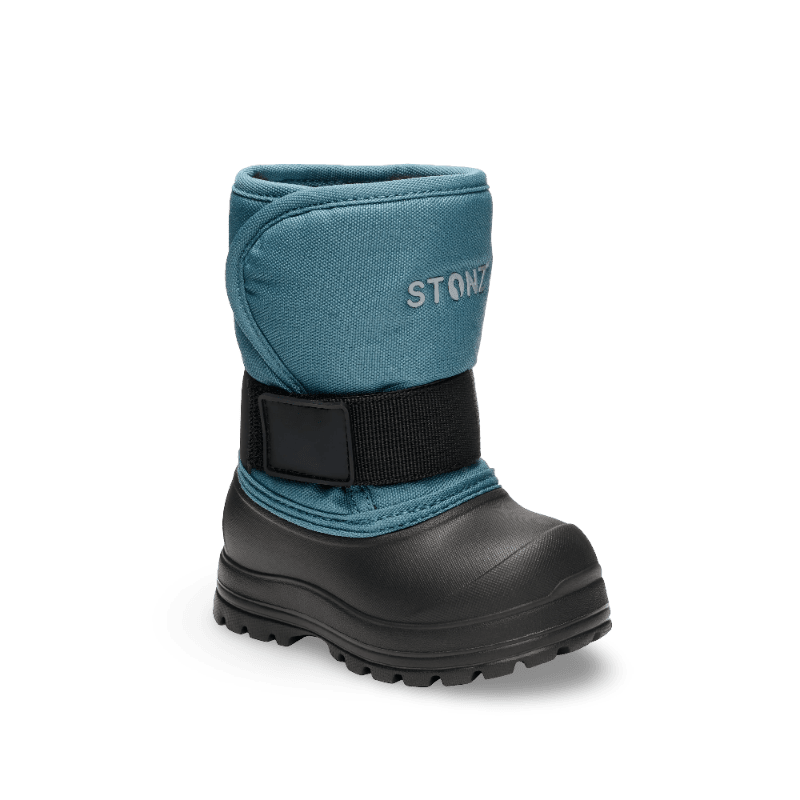 Stonz Trek Toddler Snow Boots Denim in teal, standing upright with a black sole and adjustable strap.