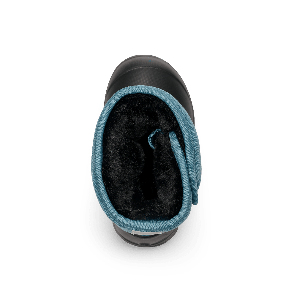 Stonz Trek Toddler Snow Boots Denim, top-down view shows blue denim outer with black plush interior.