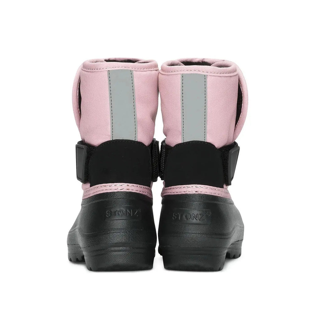 Stonz Trek Toddler Snow Boots Haze Pink, rear view on toddler feet, pink upper with gray reflective