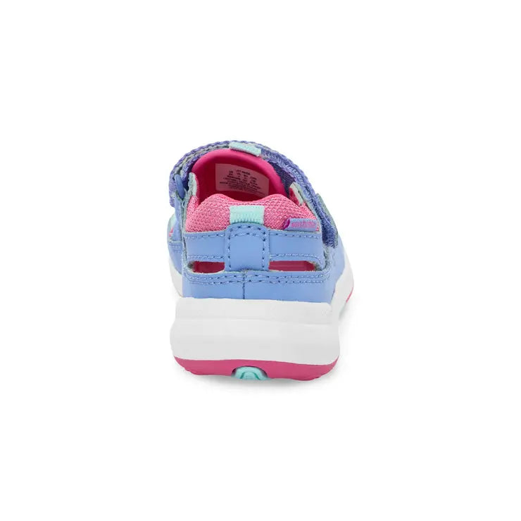 Stride Rite Stretch Wade Sneaker Sandal for little kids in periwinkle; pink lining, white sole, back-strap visible.