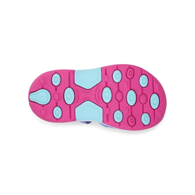 Stride Rite Stretch Wade Sneaker Sandal Little Kids Periwinkle, pink outsole with blue traction pods.