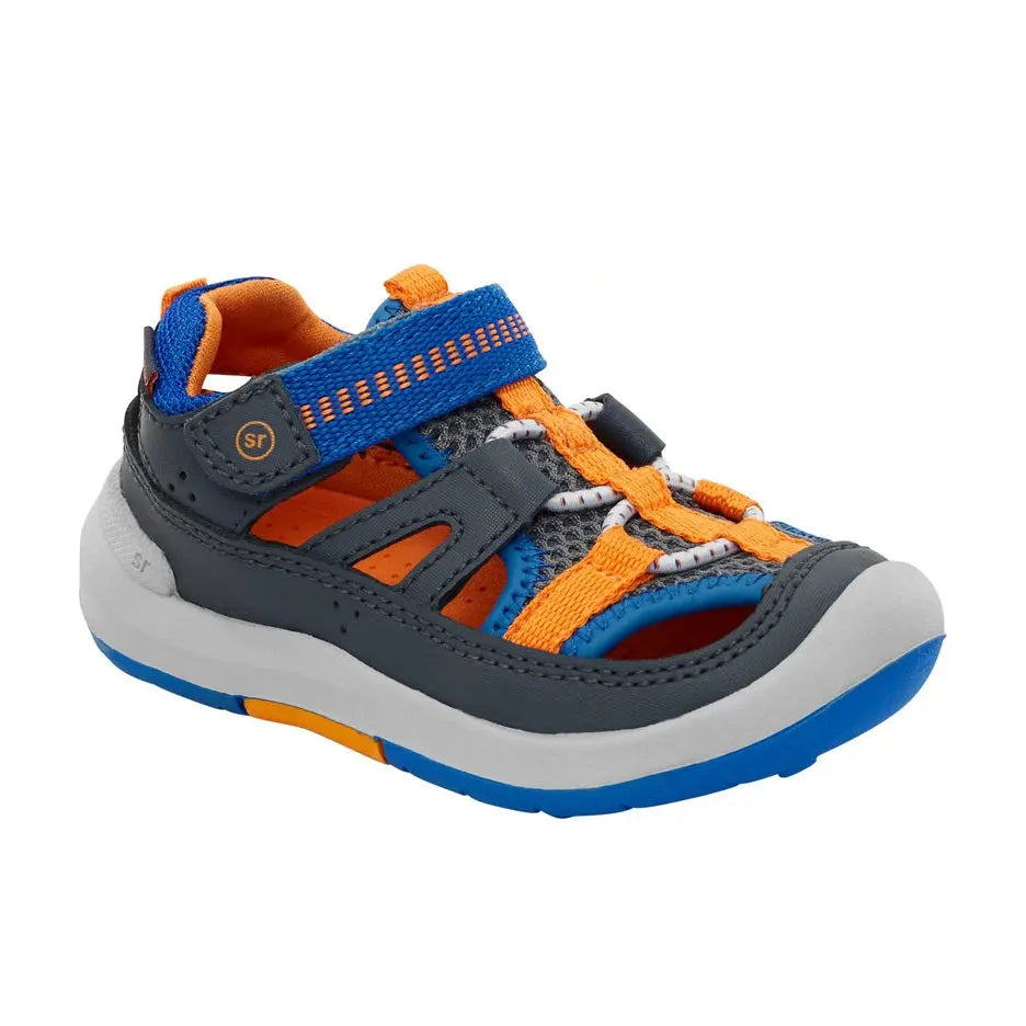 Stride Rite Wade Shoes Grey Multi kids sneakers with blue/orange trim; strap fastens for a secure fit.