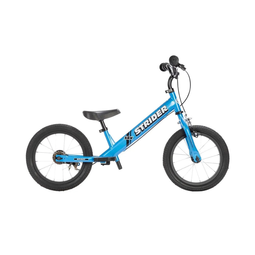 Strider 14X Sport balance bike in blue with black seat and grips, front brake, and chunky tires.