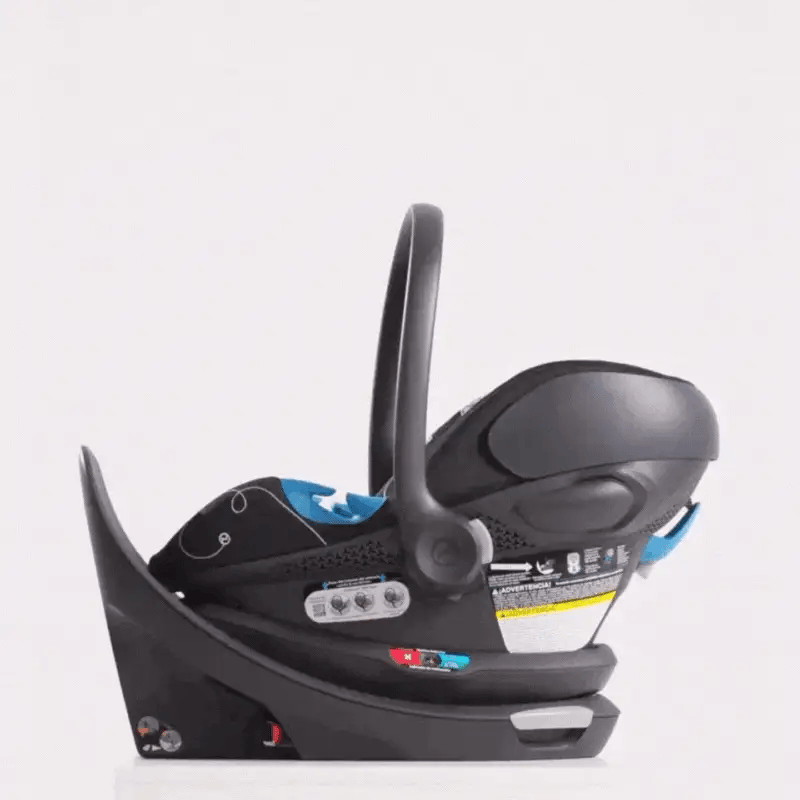 Studio product image of the Cybex Aton G Swivel Sensorsafe Infant Car Seat with black with blue accents and swiveling base.