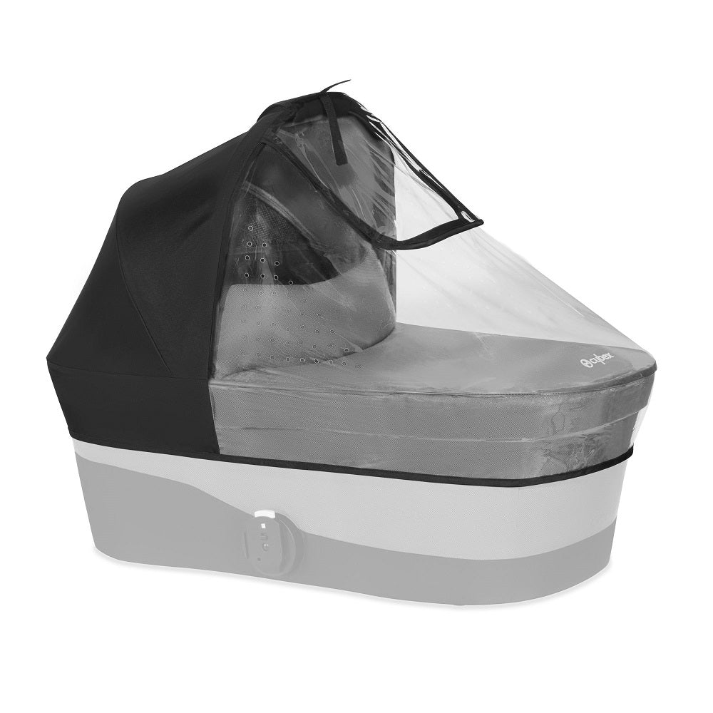 Studio product image of the Cybex Gazelle S Infant Cot Rain Cover with clear canopy over gray bassinet base.