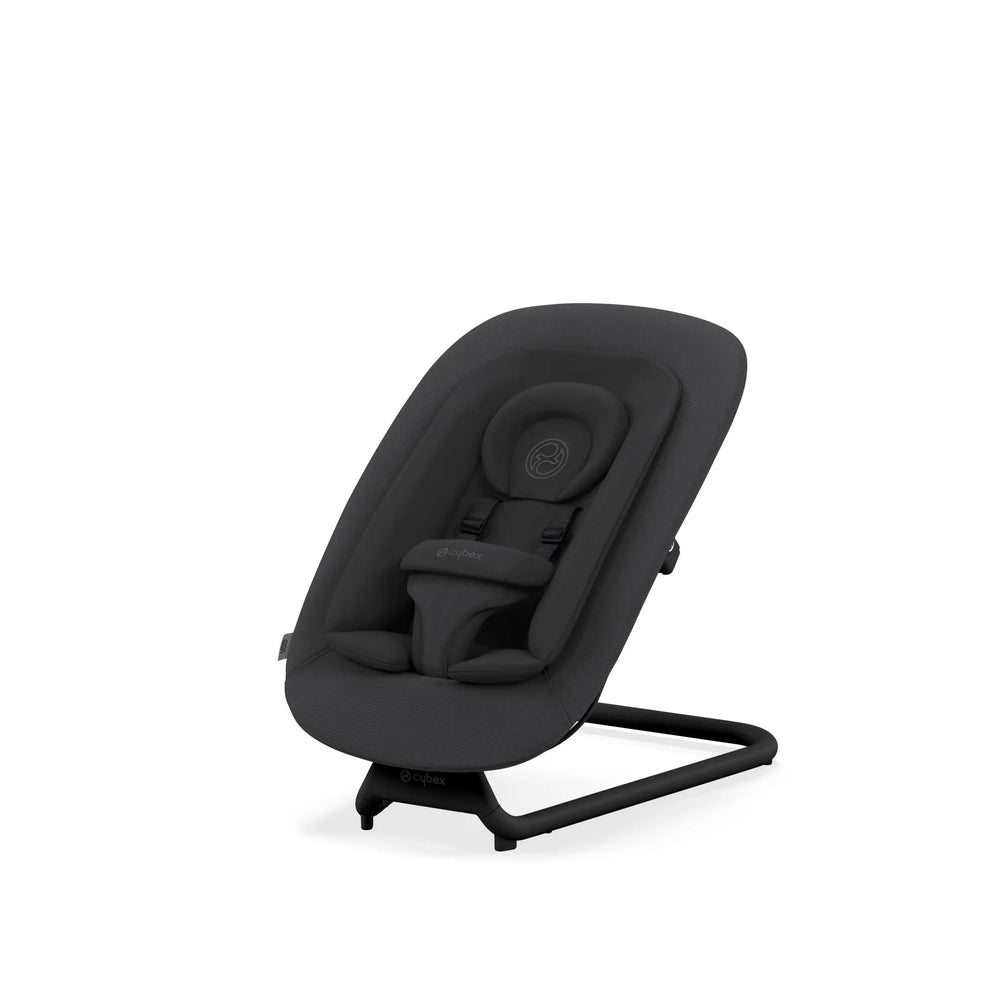Studio product image of the Cybex Lemo 2 Bouncer in dark gray with padded seat and 5-point harness perched on a curved rocking frame.