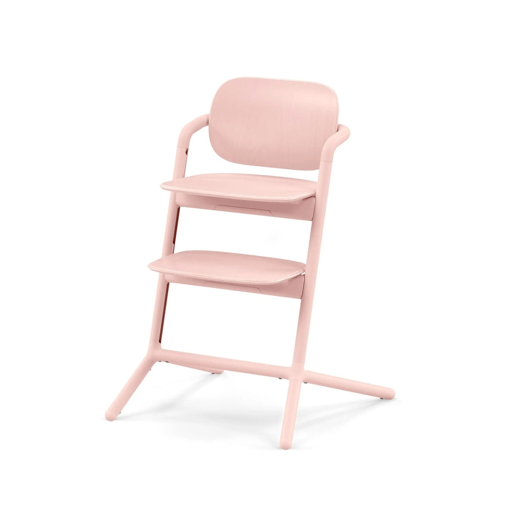Studio product image of the Cybex Lemo 2 Chair in pastel pink with two removable trays and curved armrests, ready for mealtime.
