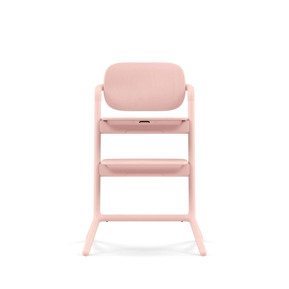 Studio product image of the Cybex Lemo 2 Chair in pink, curved backrest with dual trays mounted on a sturdy frame.