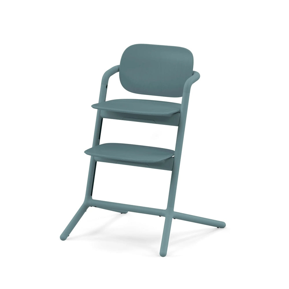 Studio product image of the Cybex Lemo 2 Chair in teal, compact high chair with two removable trays and sturdy frame.