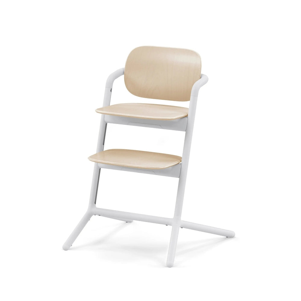 Studio product image of the Cybex Lemo 2 Chair in white frame with natural wood seat and back panel, shown on sturdy angled legs.