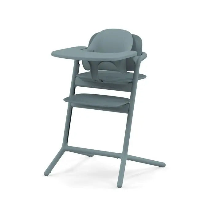 Studio product image of the Cybex Lemo 2 High Chair 3-In-1 Set in blue-gray with tray attached for easy feeding.