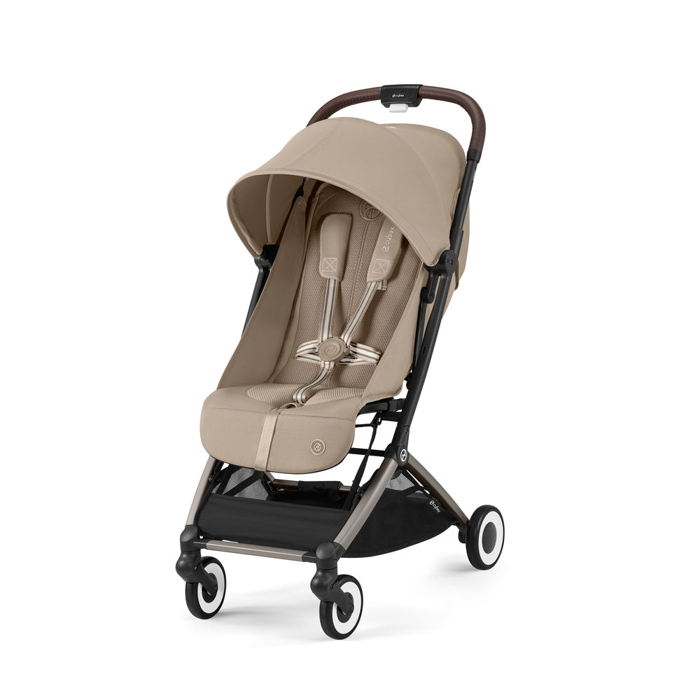 Studio product image of the Cybex Orfeo Compact Lightweight Travel Stroller in beige, front three-quarter view.