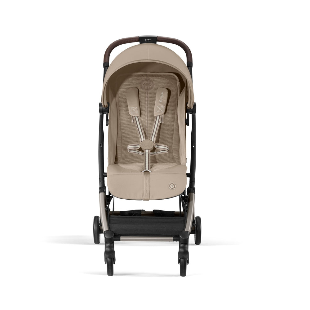 Studio product image of the Cybex Orfeo Compact Lightweight Travel Stroller in beige, front view with canopy extended.