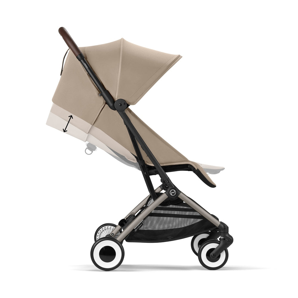 Studio product image of the Cybex Orfeo Compact Lightweight Travel Stroller in beige, side view in reclined position.