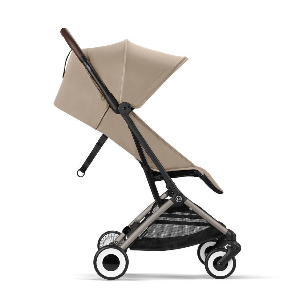 Studio product image of the Cybex Orfeo Compact Lightweight Travel Stroller in beige, side view with canopy extended.