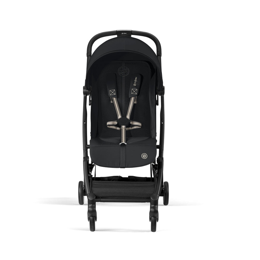 Studio product image of the Cybex Orfeo Compact Lightweight Travel Stroller in black, front view on white background.