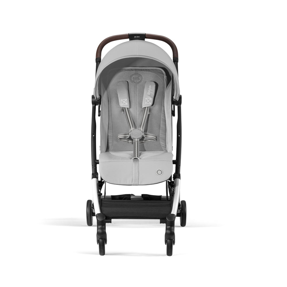 Studio product image of the Cybex Orfeo Compact Lightweight Travel Stroller in light gray, front view with canopy.