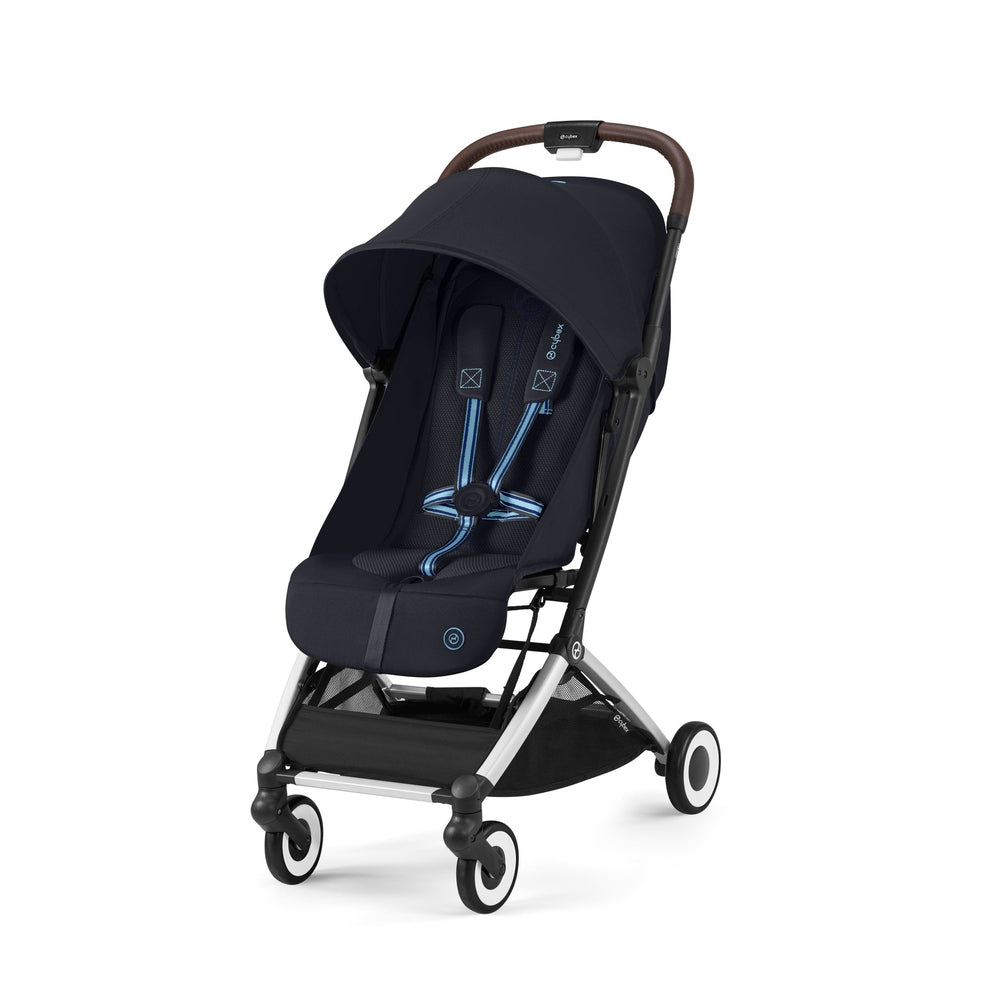 Studio product image of the Cybex Orfeo Compact Lightweight Travel Stroller in navy blue, front three-quarter view.