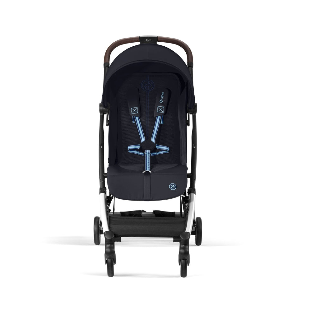 Studio product image of the Cybex Orfeo Compact Lightweight Travel Stroller in navy blue, front view with brown handlebar.
