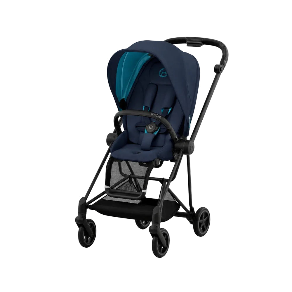 Studio product image of the Cybex Platinum Mios 3 Compact Stroller in navy blue with black frame on white background.
