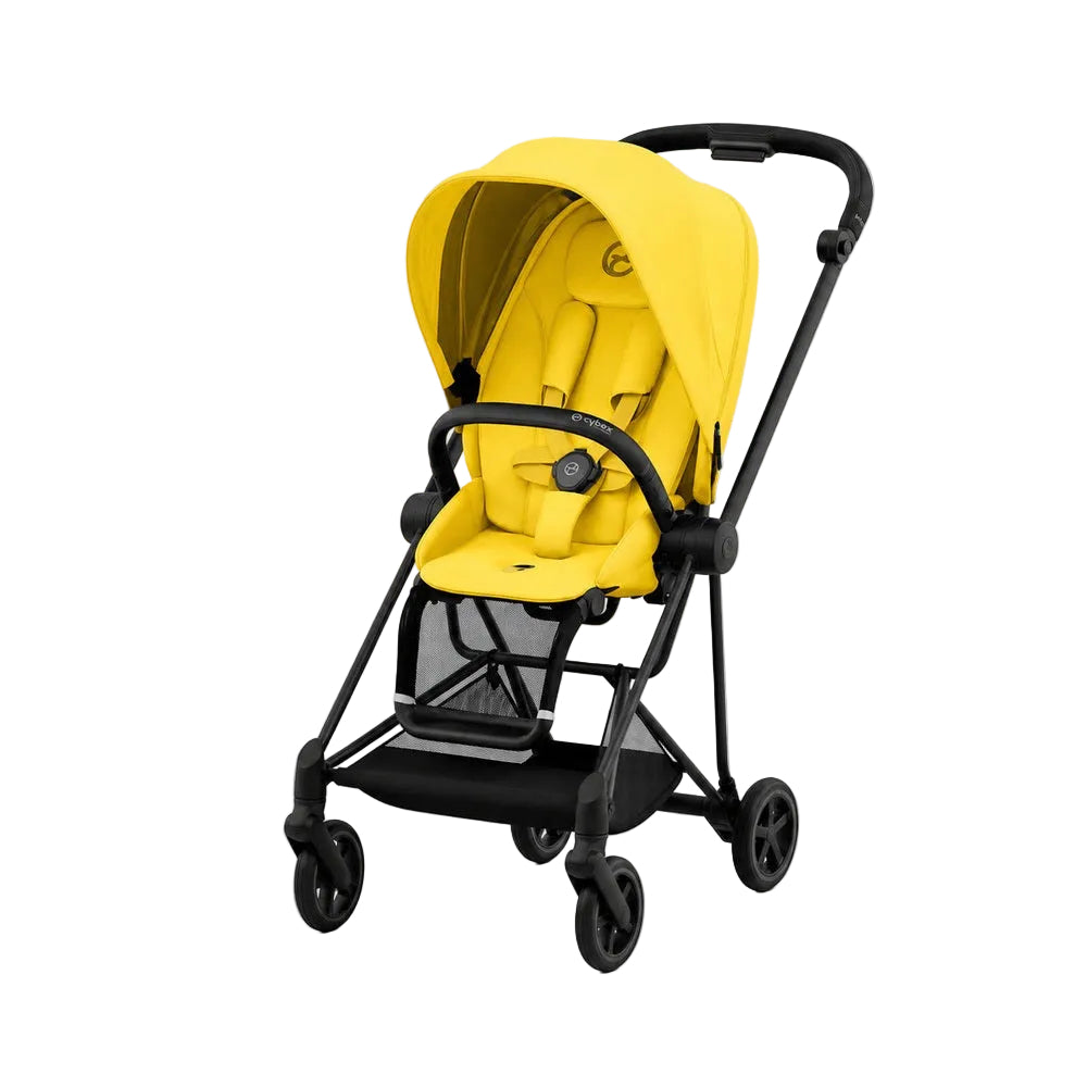 Studio product image of the Cybex Platinum Mios 3 Compact Stroller in yellow with black frame on white background.