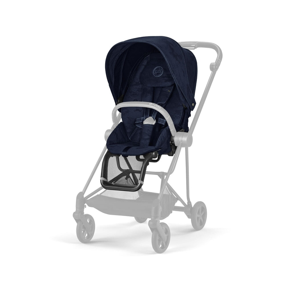 Studio product image of the Cybex Platinum Mios 3 Stroller Rebellious Luxury Denim Blue Navy denim fabric Cybex MIOS 3 stroller with light gray aluminum frame and canopy on white background.