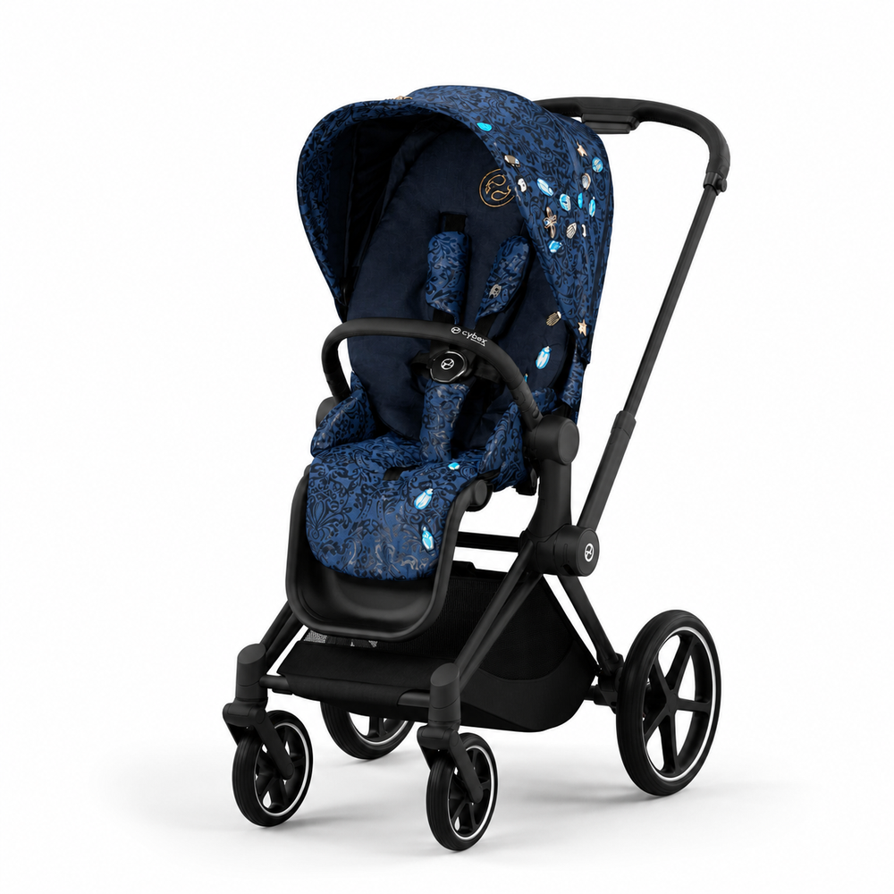 Studio product image of the Cybex Platinum Priam 4 Luxury Stroller Limited Edition in Jewels Of Nature with Matte Black frame on white background.